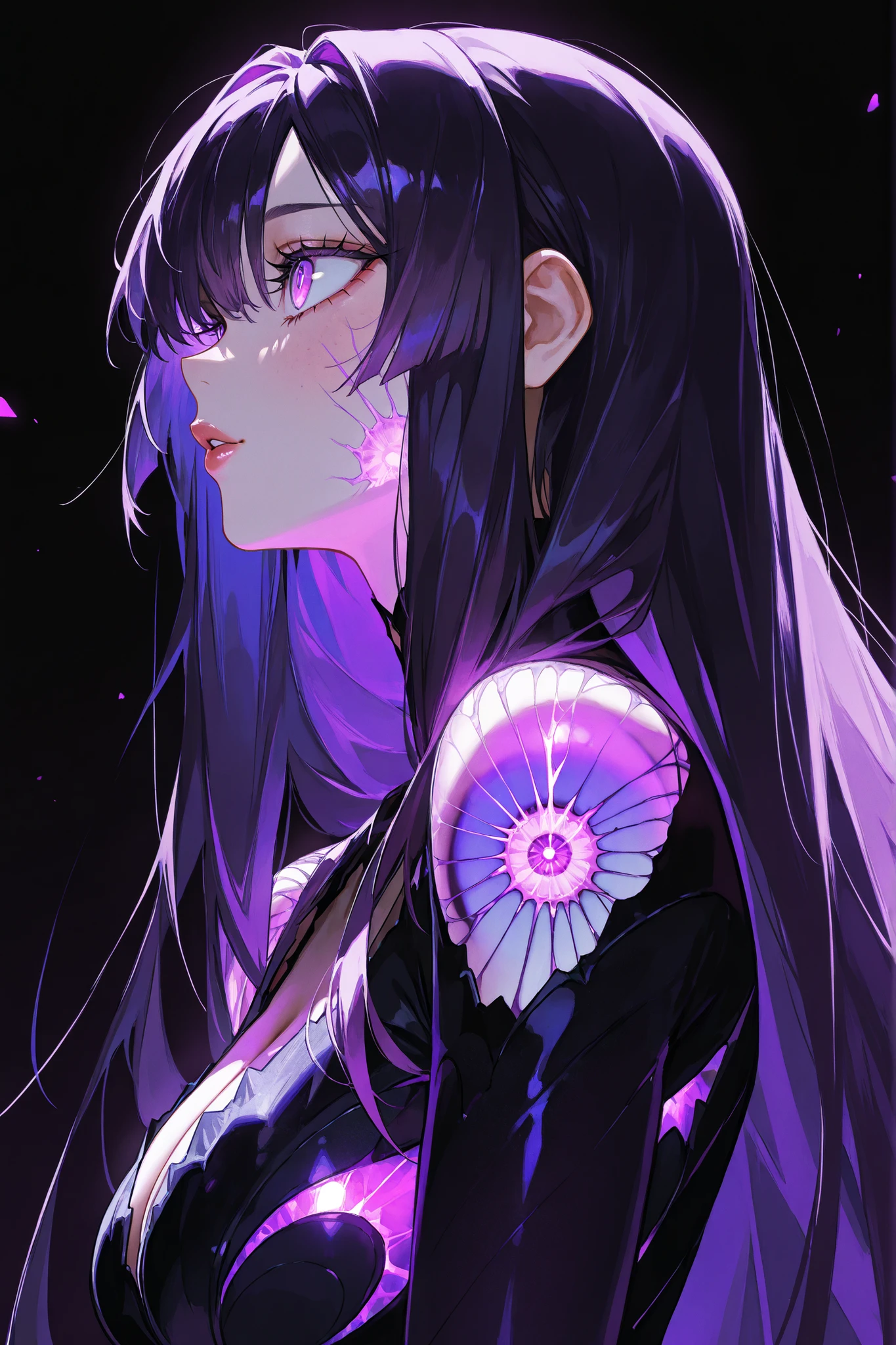 Kaisa,dark purple hair, long hair, very big eyes, with her eyes , surprisingly wide patterns, purple eyes , Glass retina, ,  big plump lips,  rosy cheeks, turns red , shine, best quality, Glass retina,  purple lights all around, dark mountains on, dark background colors  ,  thin and elegant , slim, emphasis on the eyes, detailed eyes,   long lashes, bottom view,  in profile , stoppable upper body