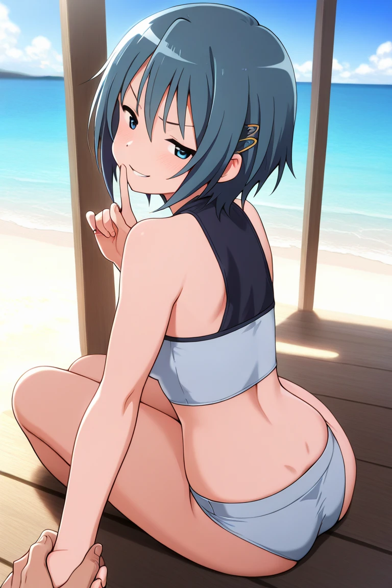 (masterpiece, best quality:1.2), 1girl, solo,standing_split, short hair, no shirt,white denim bikini shorts. Black clover character Sol, super sexy.