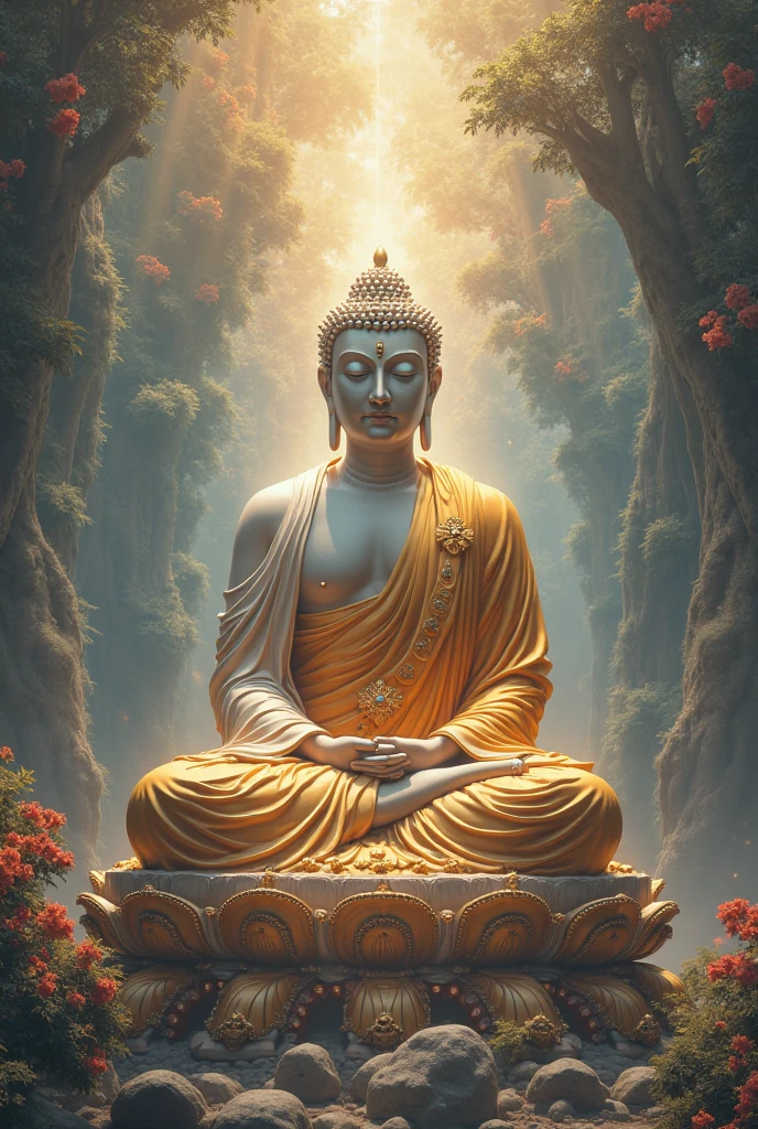 Giant Buddha statue in the distance, stone, Texture, Tall, Majestic, The background is illuminated by sunlight,inverted image,Lateral face,Pilgrims on the road