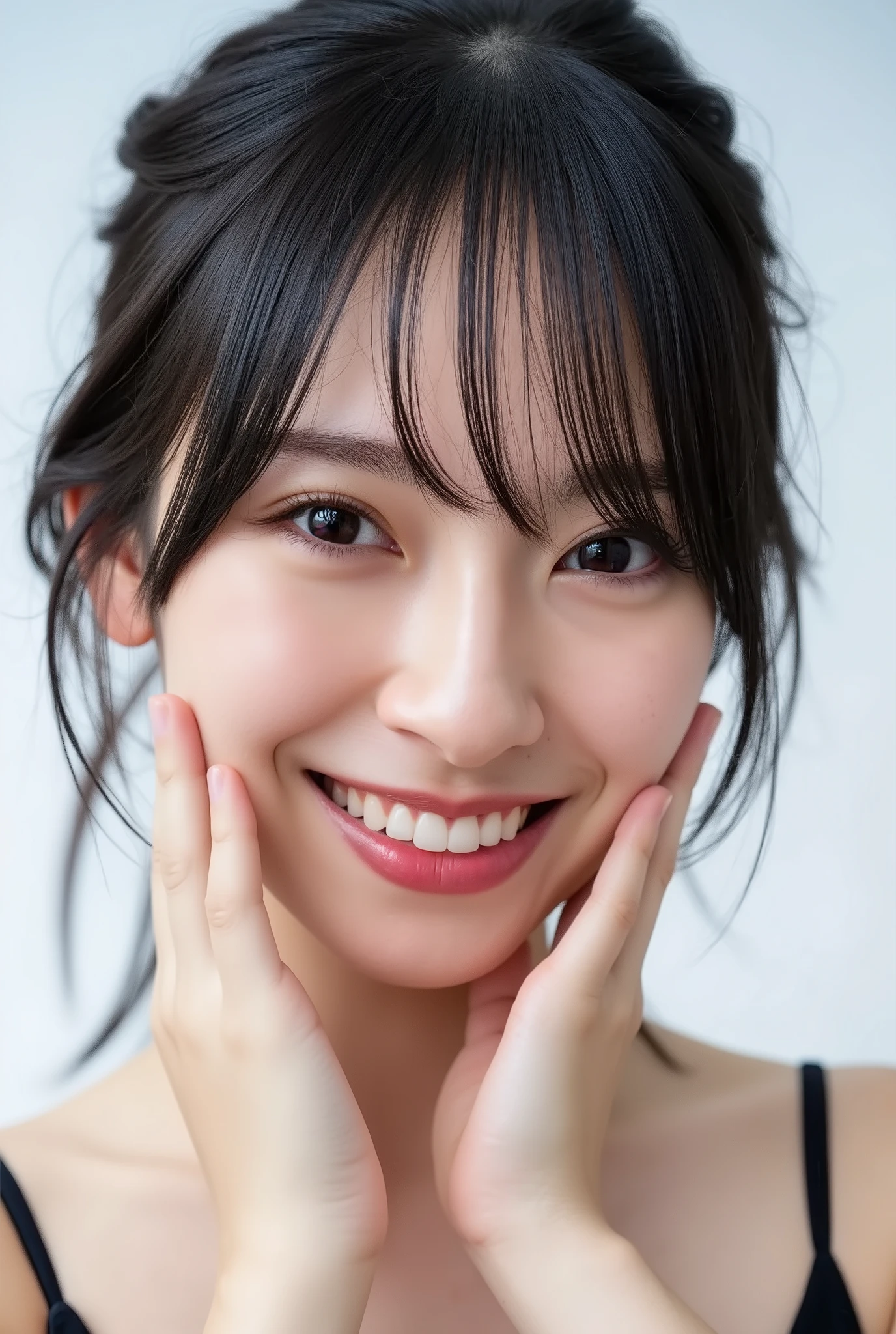 extreme close-up portrait, beautiful girl with her love-struck, radiant face filling the entire frame (95% face ratio), gently placing both open hands on her flushed cheeks with soft fingers, soft black camisole, white blurred background, eyes dreamy and half-lidded, deeply adoring gaze fixed straight at the viewer, irises ultra-detailed with intricate rainbow reflections and glowing catchlights, moist and sparkling eyes as if about to tear up from overwhelming joy, soft melting smile revealing slightly parted lips and upper teeth, skin with visible soft pores, realistic skin texture with warm lighting and subtle shadows, delicate eyelashes, glossy lips with natural highlights, cheeks glowing with deep blush, cinematic soft lighting, lifelike expression full of romantic euphoria, overflowing with happiness, warmth, and pure affection, subtly tilting her head as if whispering a name in total bliss, ultra photorealistic, masterpiece, 8K, hyperreal detail, skin pores, detailed iris texture, cinematic mood
