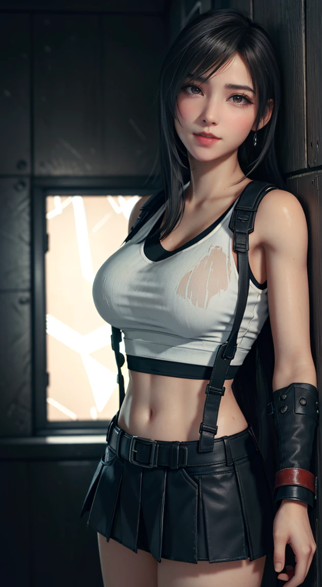 (Realistic: 1.4), 最high quality, Very delicate and beautiful, High resolution,masterpiece, 最high quality, 超High resolution, (Realistic:1.4), Detailed beautiful face, , One girl, Tifa_Lockhart, Final Fantasy VII Remake, Stunning European Women,Cowboy Shot, suspenders, Low rise, Black mini skirt, Black border white tank top, Tense shirt, Black Hair, Long Hair, Sexy Body,Beautiful breasts, Very beautiful and shining eyes,Beautiful feet, So cute, Close-upポトレイト, 柔らかい肌のPerfect Faceを持つ素敵な, Perfect Face, (((Huge breasts))),Tight waist,Chainetter、thigh、In the dungeon,Complete diagram, Shapely hips, 8k resolution,Surreal,Ultra-detailed,high quality, (Huge teardrop chest, Huge breastsの谷間:1.2), Giant tit, Close-up,A broad perspective