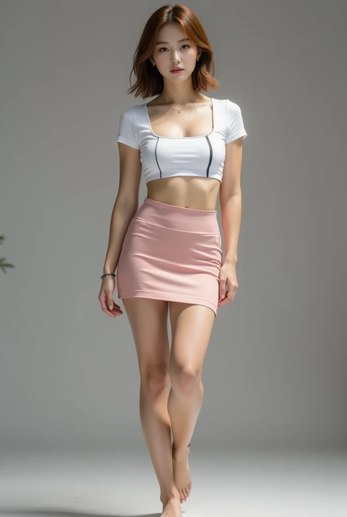 Anime girl with short pink hair, curved waist with wide hips and mini skirt
