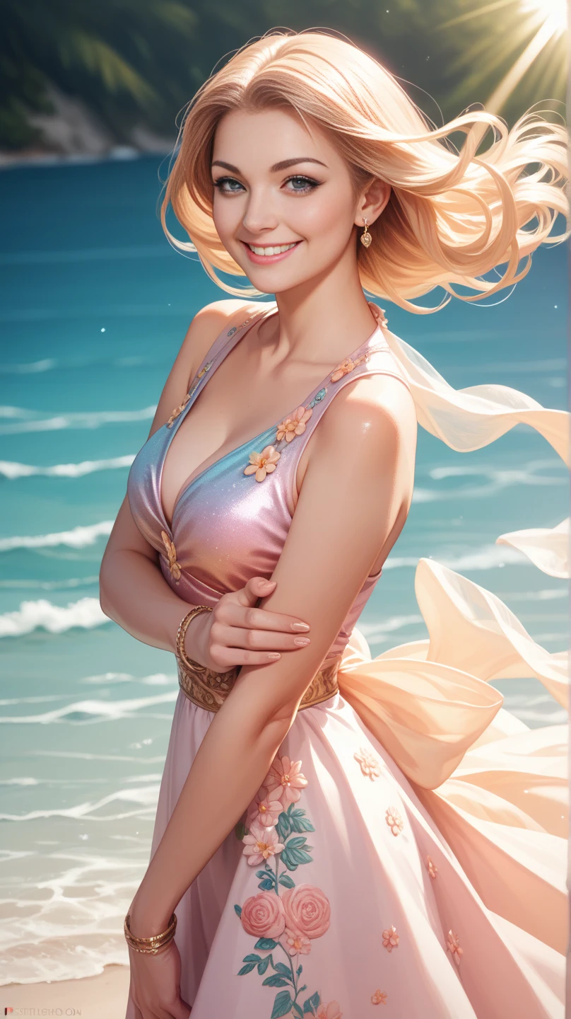 delicate and beautiful CG artwork),(best quality, ultra-detailed, high resolution),(dynamic angle, dynamic lighting),(1 character),(long pink and blonde hair), blue eyes, beautiful face), 1 girl, (long sideburns, plants, smile, long blue dress, 3 d, ocean, water, beach ball, sea shells, sunny, windy