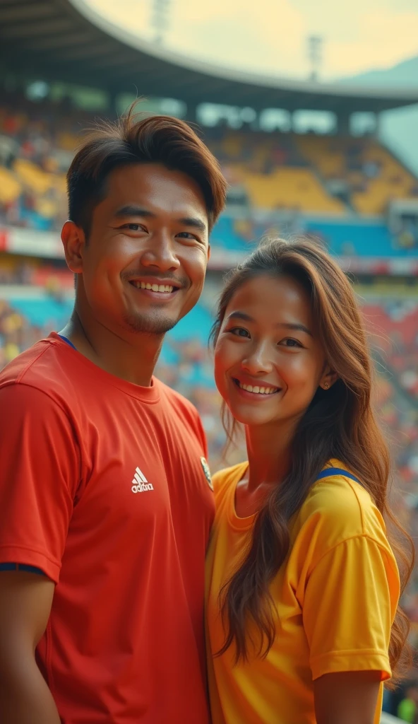 a young man (arhan) Indonesian national football team,with the red Indonesian national team jersey,sitting with a beautiful Indonesian woman,a woman with a slightly fat and sexy body,short t-shirt,facing the camera,football field background,photo realist5is,real,4k,8k,UHD