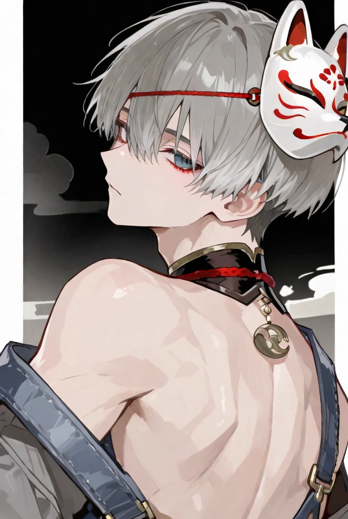 young boy, short gray hair, Cat's ears, Heterochromia, Yellow left and brown right eyes, tattoo, open torso, Pants of a Chinese general, swords, Masterpiece, hiquality