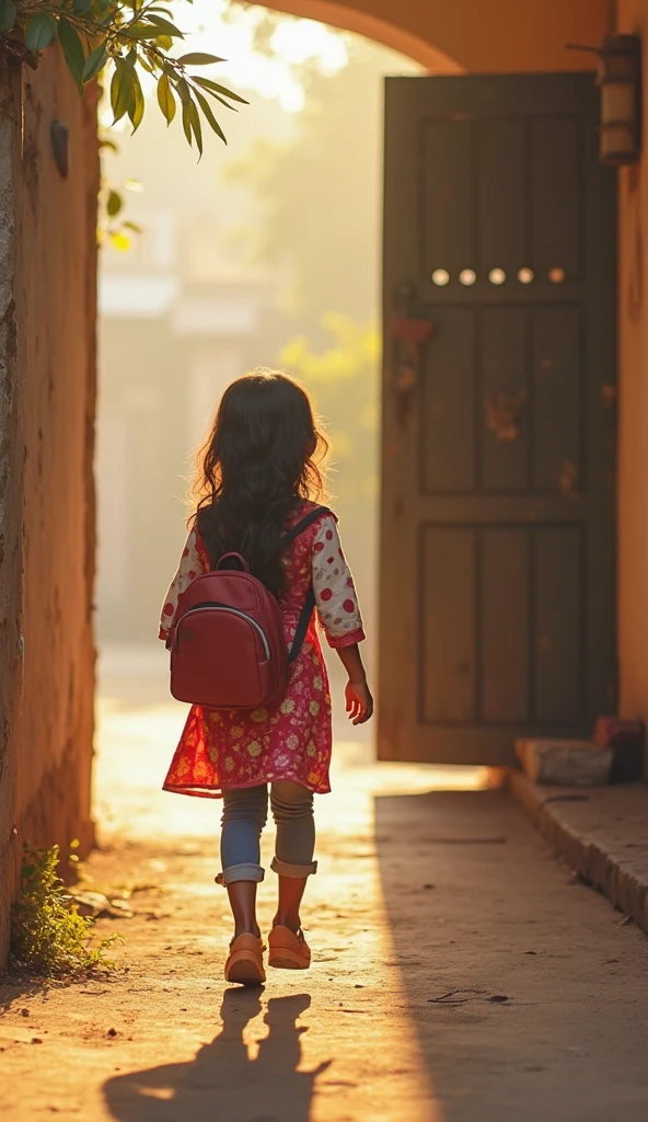 Create a cuddled girl with her books by strolling down the street