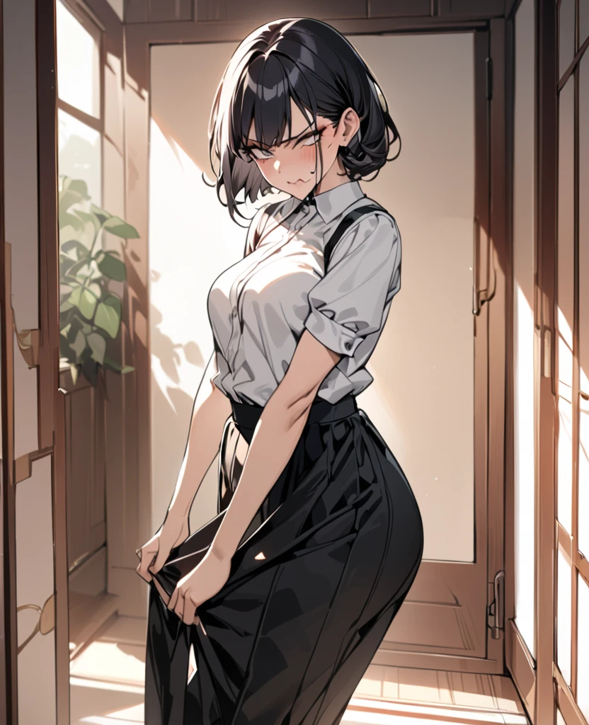 (1 person、solo), Beautiful woman, (high definition beautiful eyes), Anatomically perfect body, Slender、(OL, Short sleeve blouse)，(Pencil Skirt、Pull the skirt down with both hands:1.3), (Pussy juice:1.2)、(Leaning forward、Look down:1.2), 20-year-old、(highest quality)、Black Hair, (half updo)、(8k, High resolution)、(shy:1.2)、Mid-chest, (steam:1.1), (embarrassed:1.2), Erect nippleultiple angles、(Inner thighs), wide shot