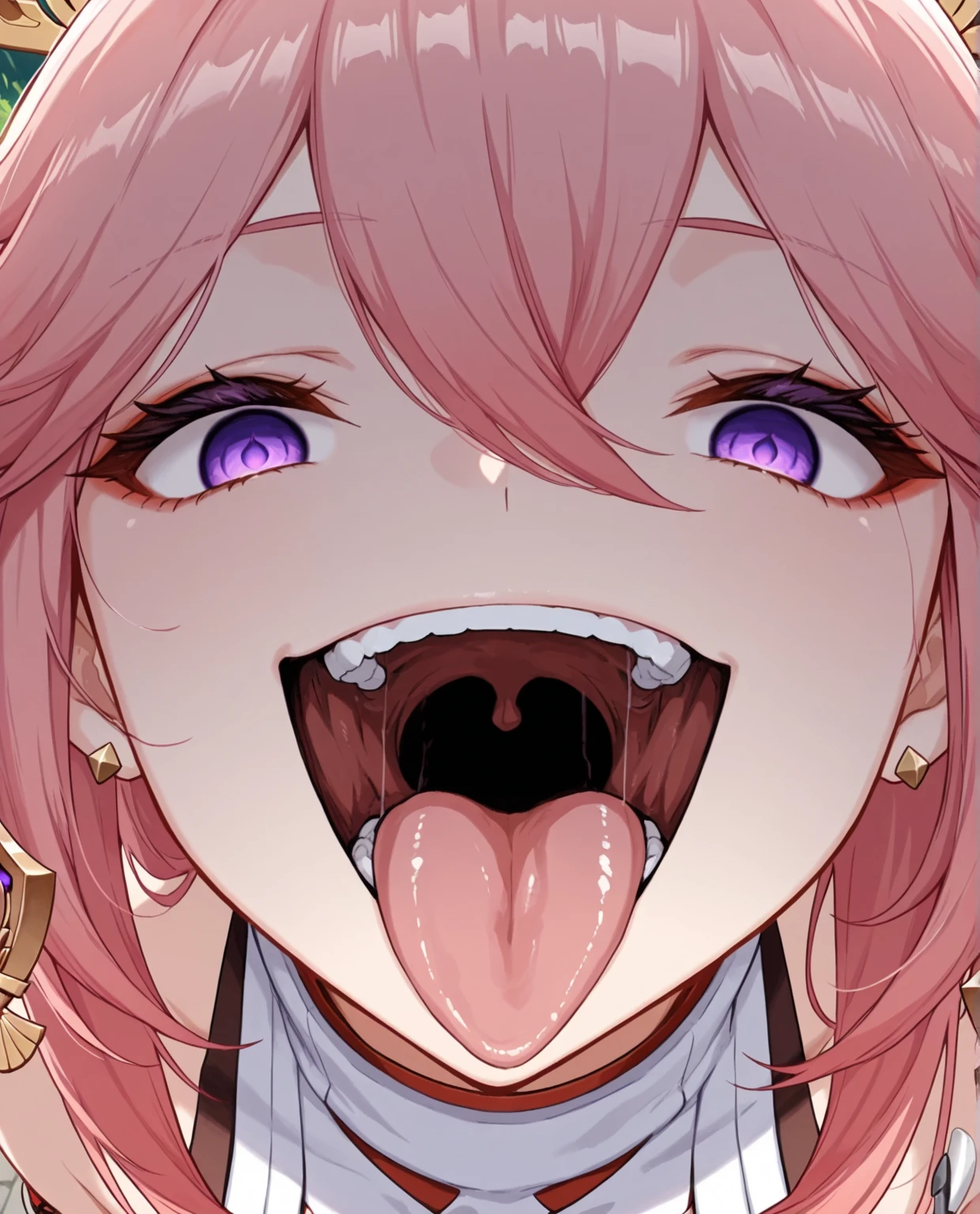 masterpiece, best quality, 1girl, solo, lilithbl2, tattoo,, makeup, midriff, crop top, vest, torn clothes, blush, open mouth, big mouth, tongue, tongue out, close up, saliva, uvula, uvula, room, mouth focus, excessive saliva, giantess, long tongue, large tongue, room, looking at viewer, red hair, red lips, closed eyes