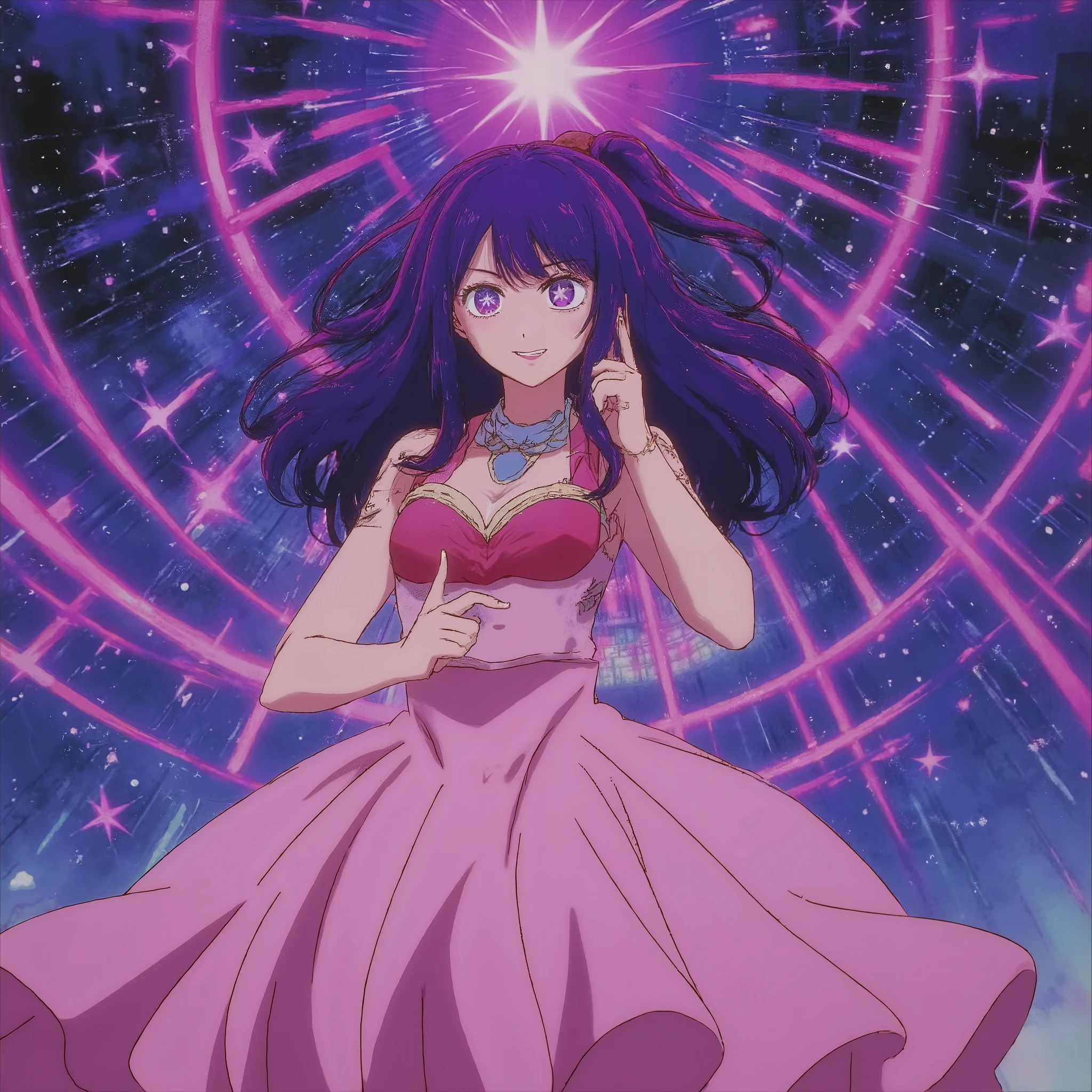 b3rs3rk ((best quality, 8k, masterpiece: 1.4)), purple hair, long hair, anime style on the face, charming smile, Amazing Painting Art, colorful background, Stars in your eyes☆, ( Idol Outfit:1.1), ( red dress :1.1), ( flared skirt seen from below:1.1), full body, idol stage, active dance , dynamic, Kamehameha, full bodyからオーラが出ている, smile with your mouth wide open, Confidence々