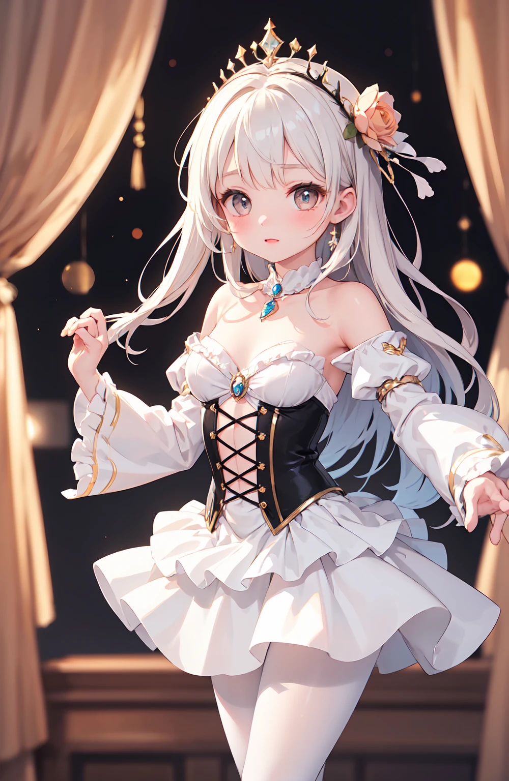 finest image, portrait, beautiful cute woman, amorous expression, lewd expression, white braided bangs iridescent hair, short hair, gold sparkling big eyes, red alluring moist big thick lips, large breasts, slender, perfect proportion, corset dress, skirt lift, black knee high socks, thighs, background fantasy, that emits fantastic light, light particles, light sparkles, petals, scatter gold and silver glitter and confetti, iridescent light particles, detailed and delicate depiction, professional lighting