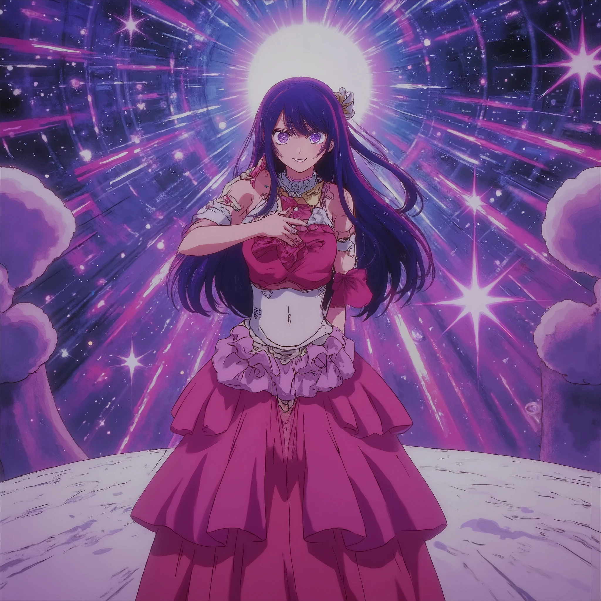 b3rs3rk ((best quality, 8k, masterpiece: 1.4)), purple hair, long hair, anime style on the face, charming smile, Amazing Painting Art, colorful background, Stars in your eyes☆, ( Idol Outfit:1.1), ( red dress :1.1), ( flared skirt seen from below:1.1), full body, idol stage, active dance , dynamic, Kamehameha, full bodyからオーラが出ている, smile with your mouth wide open, Confidence々