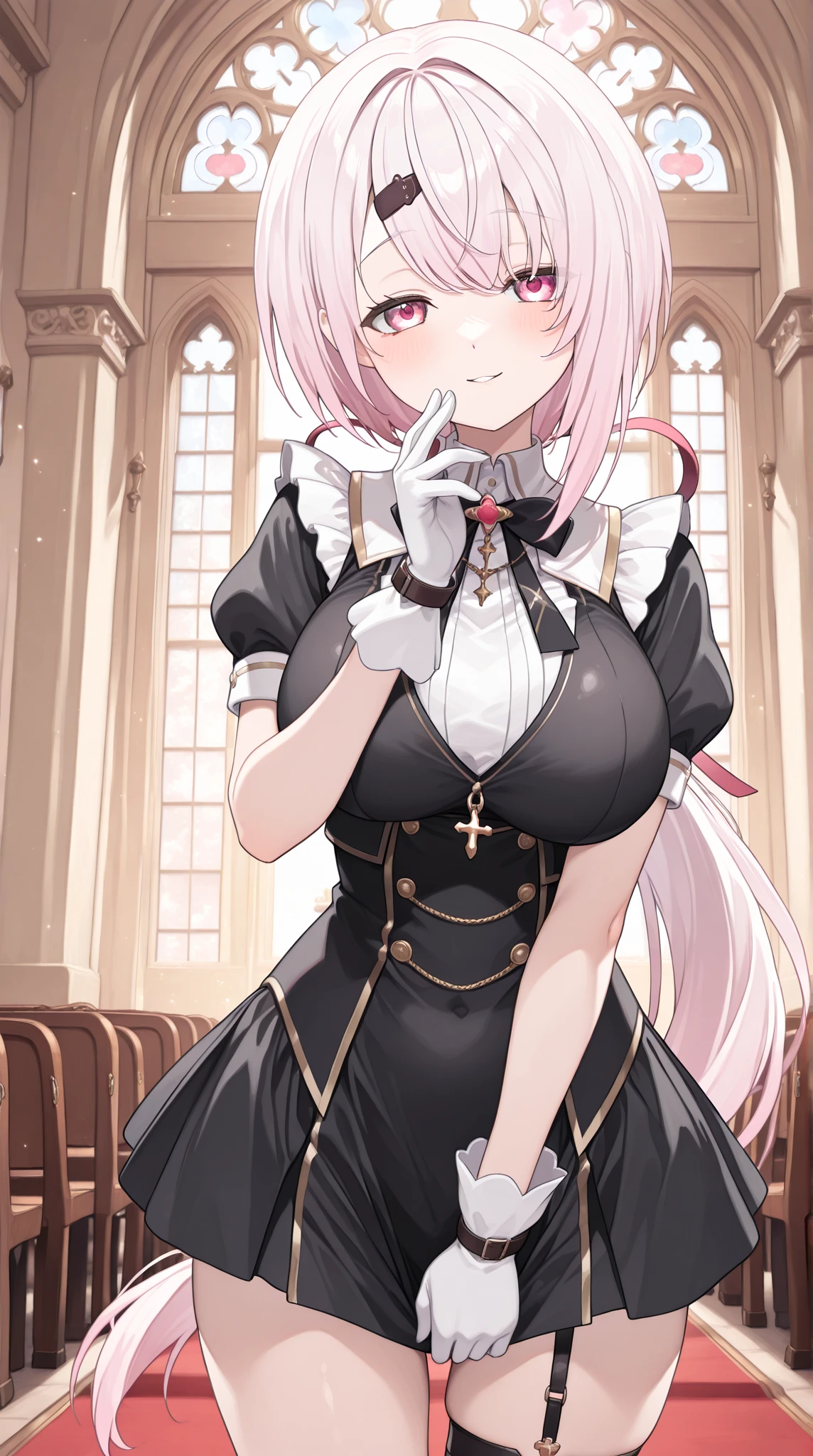 ((masterpiece、Highest quality、Super detailed)、((One person))、((Pink Hair))、((Twin tails))、((Light blue eyes))、evil smile、((lots of piercings))、((Very large breasts))、((now uniform))、((black pantyhose))、Cowboy Shot、Stained glass、altar、Church Background