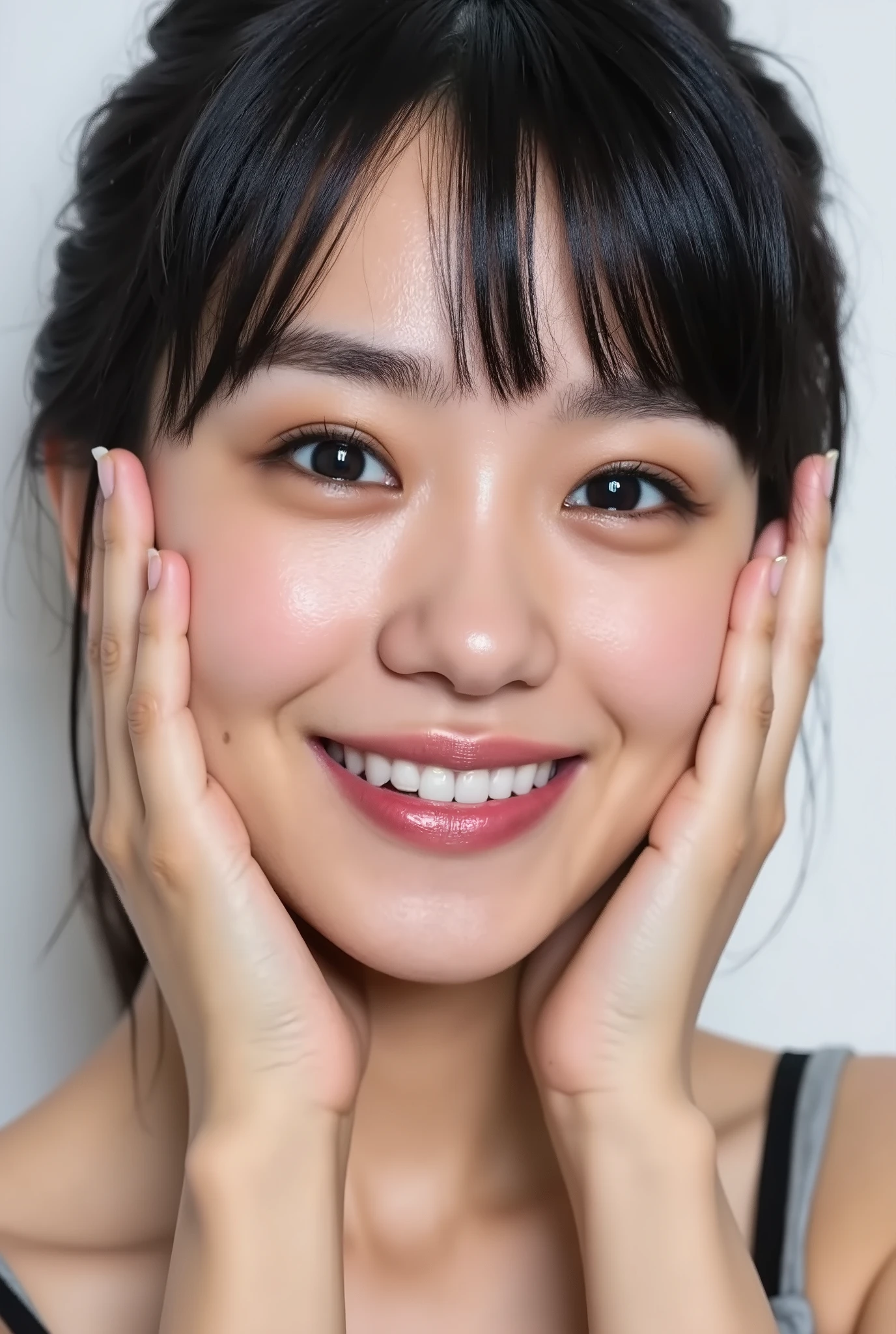 extreme close-up portrait, beautiful girl with her love-struck, radiant face filling the entire frame (95% face ratio), gently placing both open hands on her flushed cheeks with soft fingers, soft black camisole, white blurred background, eyes dreamy and half-lidded, deeply adoring gaze fixed straight at the viewer, irises ultra-detailed with intricate rainbow reflections and glowing catchlights, moist and sparkling eyes as if about to tear up from overwhelming joy, soft melting smile revealing slightly parted lips and upper teeth, skin with visible soft pores, realistic skin texture with warm lighting and subtle shadows, delicate eyelashes, glossy lips with natural highlights, cheeks glowing with deep blush, cinematic soft lighting, lifelike expression full of romantic euphoria, overflowing with happiness, warmth, and pure affection, subtly tilting her head as if whispering a name in total bliss, ultra photorealistic, masterpiece, 8K, hyperreal detail, skin pores, detailed iris texture, cinematic mood