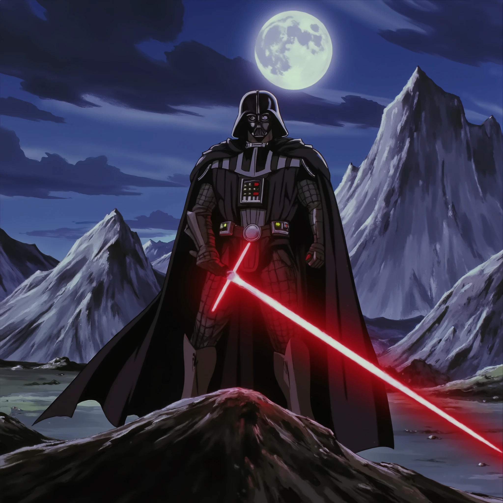 b3rs3rk adarth vader,
, looking at viewer, solo,red energy sword, , holding lightsaber hands, full body view, fantasy setting at night, full moon, , , impressionist oil paint style, ,best quality,