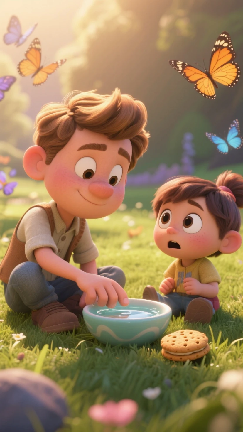 Create a Disney PIXAR-style 3D poster. ((centro da imagem, casal e uma menina)), ((casal e 1 menina)) ((1 homem ao lado e 1 menina no meio e 1 mulher ao lado, They're hugging each other, O homem ele e maior que a mulher ele tem pele clara e cabelos castanhos escuros e olhos puxados castanhos claro, 1 menina tem pele clara, Slanted eyes and dark hair and pink bow on her head, ela veste jardineira rosa e camiseta branca, e a mulher tem pele parda, olhos escuros e cabelos escuros e lisos)) ((tudo isso no estilo Disney PIXAR 3D, In the background, A house of sunflowers, Gloria Studio, The garden is full of nature 3D render RTX clay material, estilo de design cartunesco, POP Mart, soft lighting, linhas suaves, Spring tilt, Detailed illustrations of PIXAR 3D, Detalhes hiper-realistas, cor quente no estilo Disney PIXAR 3D))