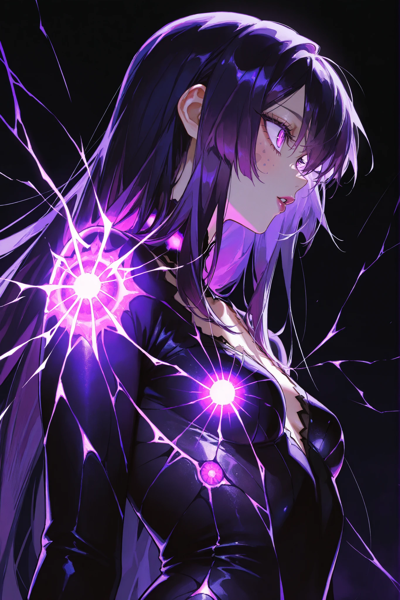 Kaisa,dark purple hair, long hair, very big eyes, with her eyes , surprisingly wide patterns, purple eyes , Glass retina, , big plump lips, rosy cheeks, turns red , shine, best quality, Glass retina, purple lights all around, dark mountains on, dark background colors , thin and elegant , slim, emphasis on the eyes, detailed eyes, long lashes, bottom view, in profile , stoppable upper body