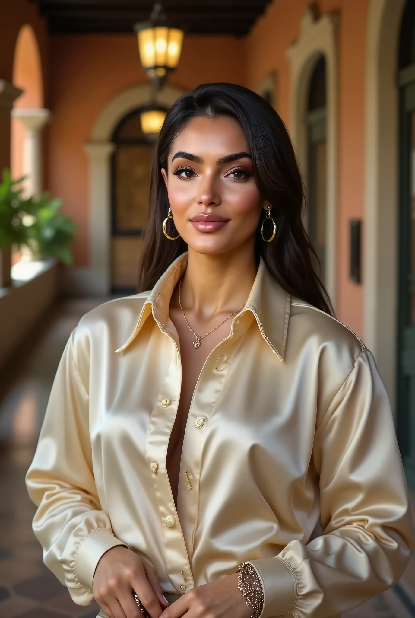 woman, summer satin shirt, long sleeves, jewelry, necklace, bracelet, vintage spanish hallway