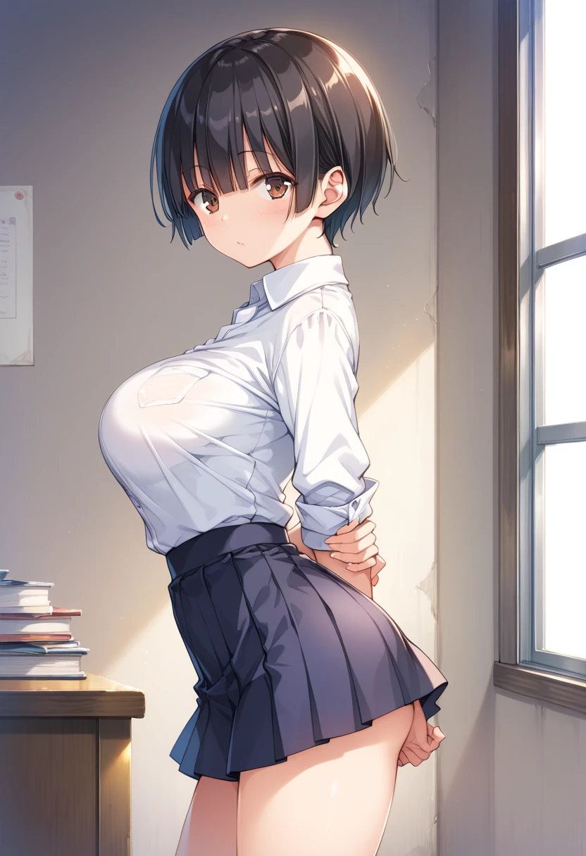 (1 person、solo), Beautiful woman,  (High-definition and beautiful eyes)、(Anatomically perfect body), Slender、(White tennis wear、skirt), (sit), (Knee Up:1.1), (Look down:1.1), (extra detailed panty:1.1), (Show your crotch、Pussy juice:1.1), 18-year-old、(Highest quality)、Black Hair, (short hair)、(8k, High resolution)、(shy:1.4)、Mid-chest, (steam:1.1), (embarrassed:1.3), Glossy lips、Erect nipples、In a dark warehouse