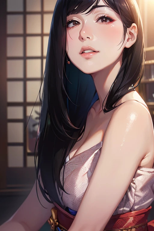 Create an image of a stunning Asian woman, approximately 25 years old, with an air of maturity and confidence. She is displaying her nudity, which highlights her elegant and attractive forms. Capture your physical beauty with attention to detail in your delicate facial features, flawless skin, and silky black hair. Her expression should convey a mixture of serenity and inner strength, highlighting her maturity and striking presence. High quality and high definition image, 4K, 8K