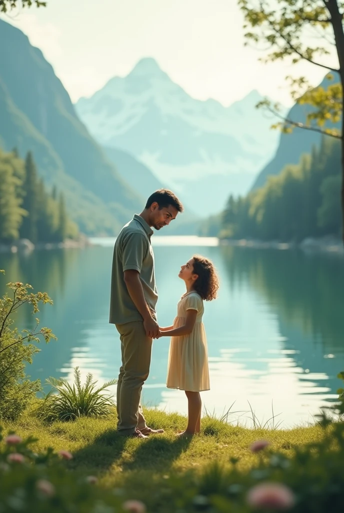 Pearl Tea Man, with short sleeve shirt, sitting on the grass looking at the panorama of snowy mountains and in his arms a girl of approximately one year old, denim blue dress with a small white bow in her straight light brown hair, The girl turns to the image with a happy face