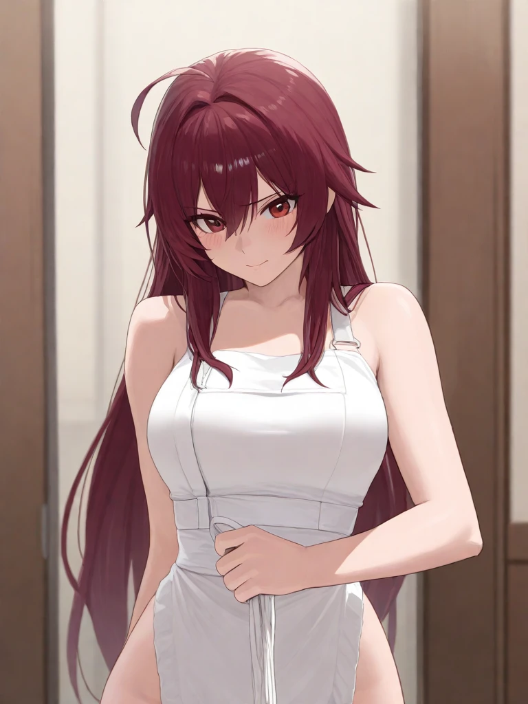 Red hair, naked apron, Kushina, Kushina, Long hair, Hair accessories, Red hair, Hairpin, (Gray eyes:1.5), (side fringe:1.5), Smile, rest looking at viewer, Upper Body, whole body, Cowboy shooting, rest indoors, rest (masterpiece:1.2), best quality, high resolution, Unity 8K wallpaper, (illustration:0.8), (Beautiful and delicate eyes:1.6), Extremely detailed face, Perfect lighting, Extremely detailed CG, (Perfect hands, Perfect anatomical structure),