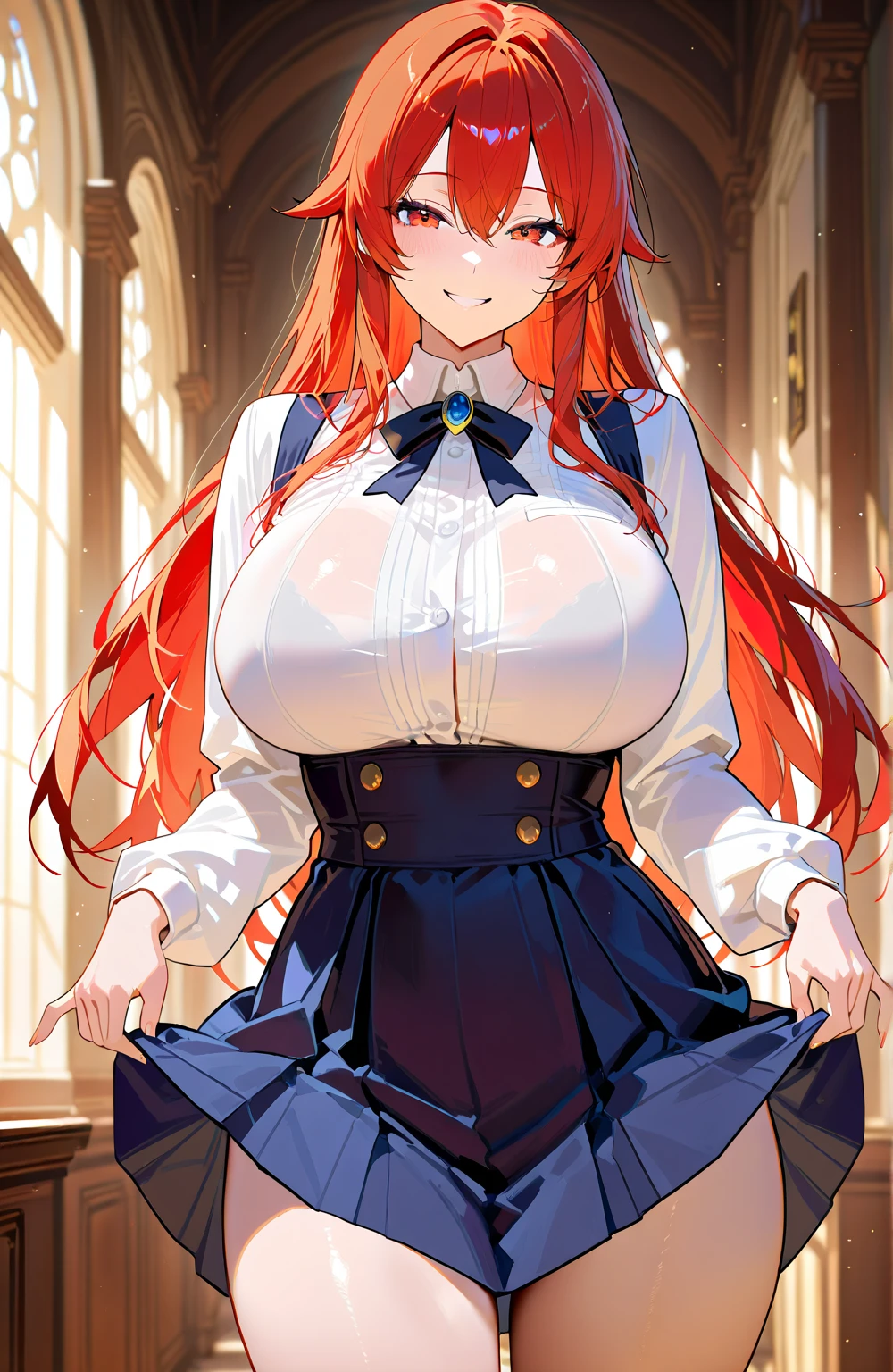 (1girl), (A dynamic pose of a stunning beautiful Rias Gremory), in focus, photo, (photorealistic), (full body shot), wide angle, face in frame, looking at camera, eye contact, seductive, standing in a classroom doorway, ((white button-up shirt open to show cleavage and a plaid skirt)), platform heels, (huge boobs:1.4), huge cleavage, lip fillers:1.8, silicone lips:1.8, dark lipstick, shiny wet lips, red hair in a messy bun, shiny tanned skin, detailed face, detailed body, detailed muscles, flawless skin, , blemish-free skin, hdr, 8k, best quality, detailed, hyper details, cinematic, insane details, intricate details, hyperdetailed, golden hour, accurate hands, accurate fingers
