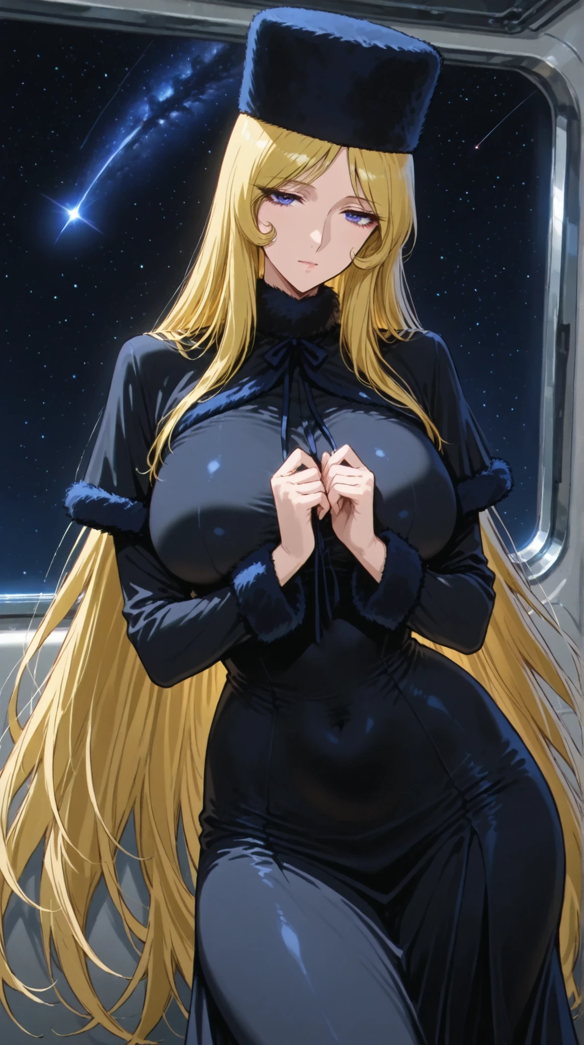 Maetel, best quality, amazing quality, score 9, 1girl, black clothes, space, hands out, fur hat, curvy hip