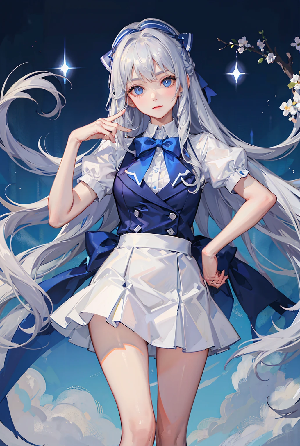 Adult Girls。cute、City of night、Looking up at the stars in the sky、Serious face、Composition from below、Tons of stars、Place your hand on your chest、Fluttering skirt、A small pair of white panties is slightly visible