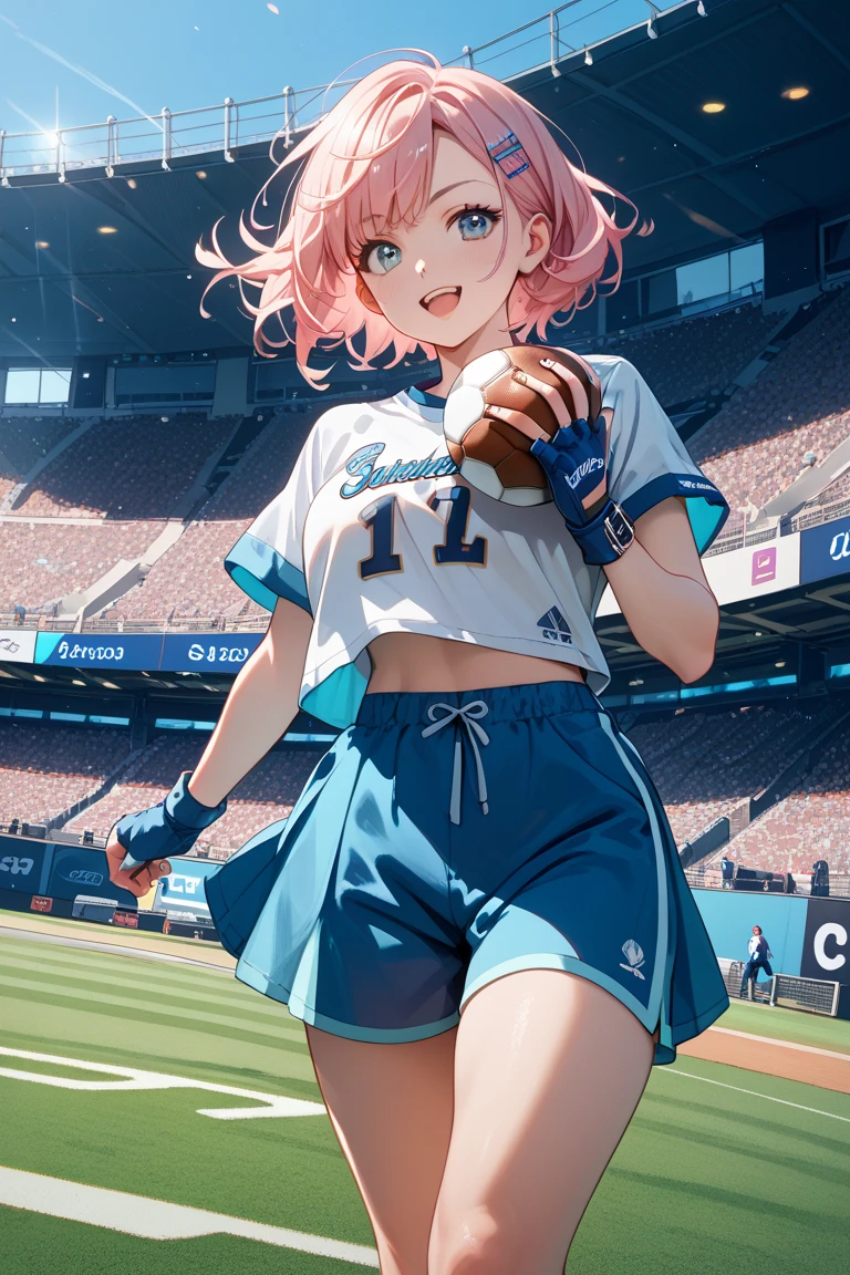 ((masterpiece、highest quality、Super detailed))、One girl、Pink Hair、short hair、Light blue eyes、Laugh with your mouth open、((Laugh with your mouth wide open))、Moderate breasts、((cheerleader))、((No sleeve))、((miniskirt))、((white ((baggy socks))、shoes、((kneeling))、Shoot from the front、Stadium Background