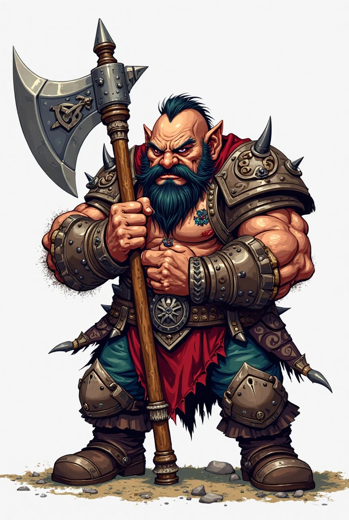 Create a cute but warlike barbarian with a dark blue background holding a ziploc bag with pink powder inside