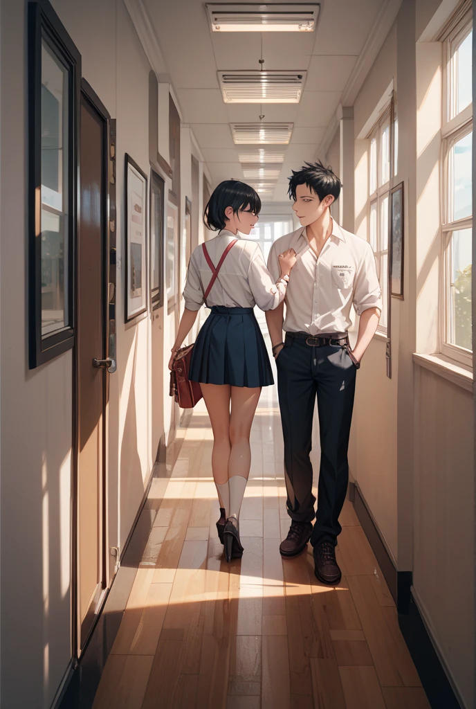 A tall and strong 18years old girl close to a short and shy 18 years old boy at a library
