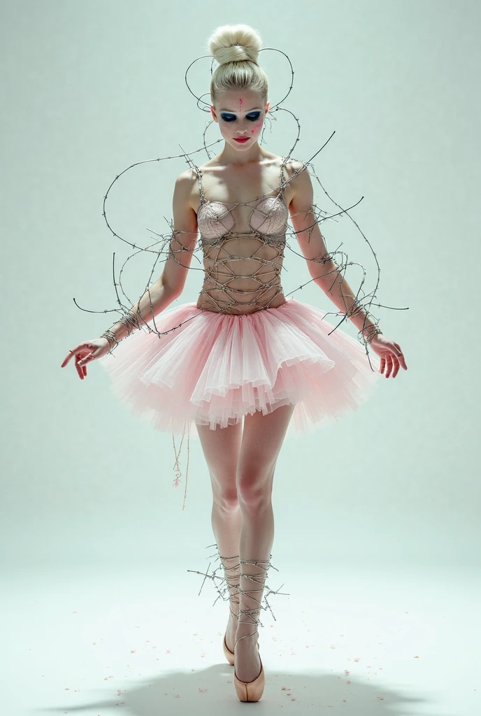 (beautiful tattooed ballerina dancing in an empty lost place) filmisch, farbkorrektur, Portraitfotografie, Ultra-Weitwinkel, Depth of field on the face, perfect body, no motion