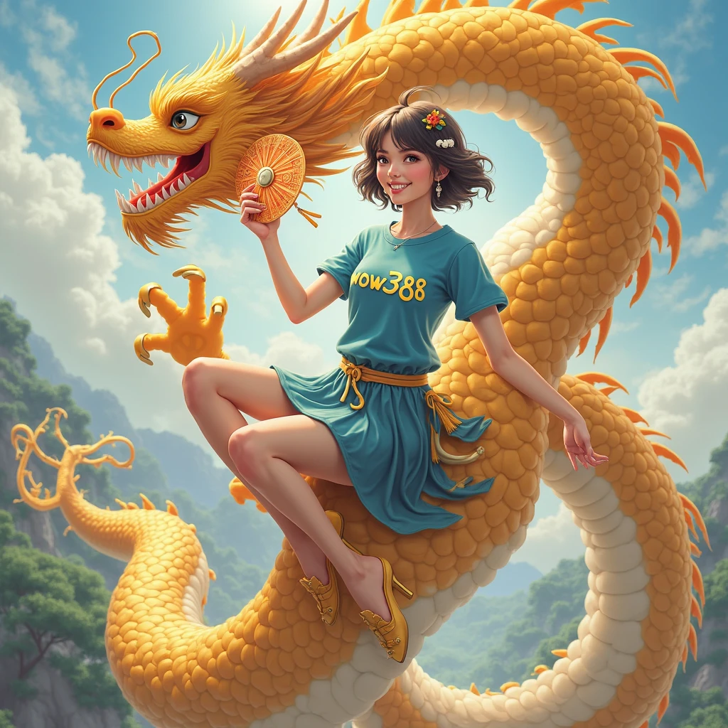 Masterpiece, best quality, a girl makes friends with Chinese dragons, funny, happy, bright, dragon,
