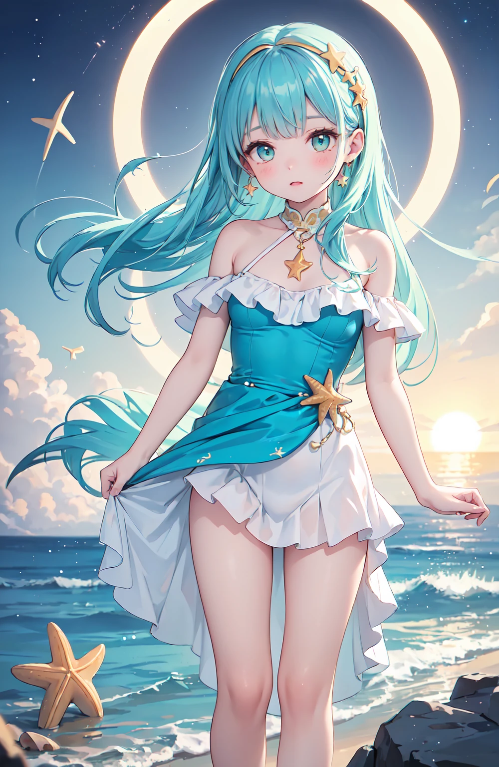 {{{masutepiece}}}, {{best qualtiy, An ultra-fine illustrations, beautifulanddelicatewater}}, {{very delicate light}}, {{Nature, Painting}}, {{Fine Lighting, More transparent stars, Very fine 8K PCG wallpaper}}, (plateau), Sunrise, randomly distributed clouds, cliff, ((Rotating starry sky)), Beautiful girl with long light blue hair with luminous particles、Twin-tailed、adorable smiling、facing front、Super Gloss Metallic Coral Rainbow Transparent Holographic Suit:1.2),Pink and white costume
