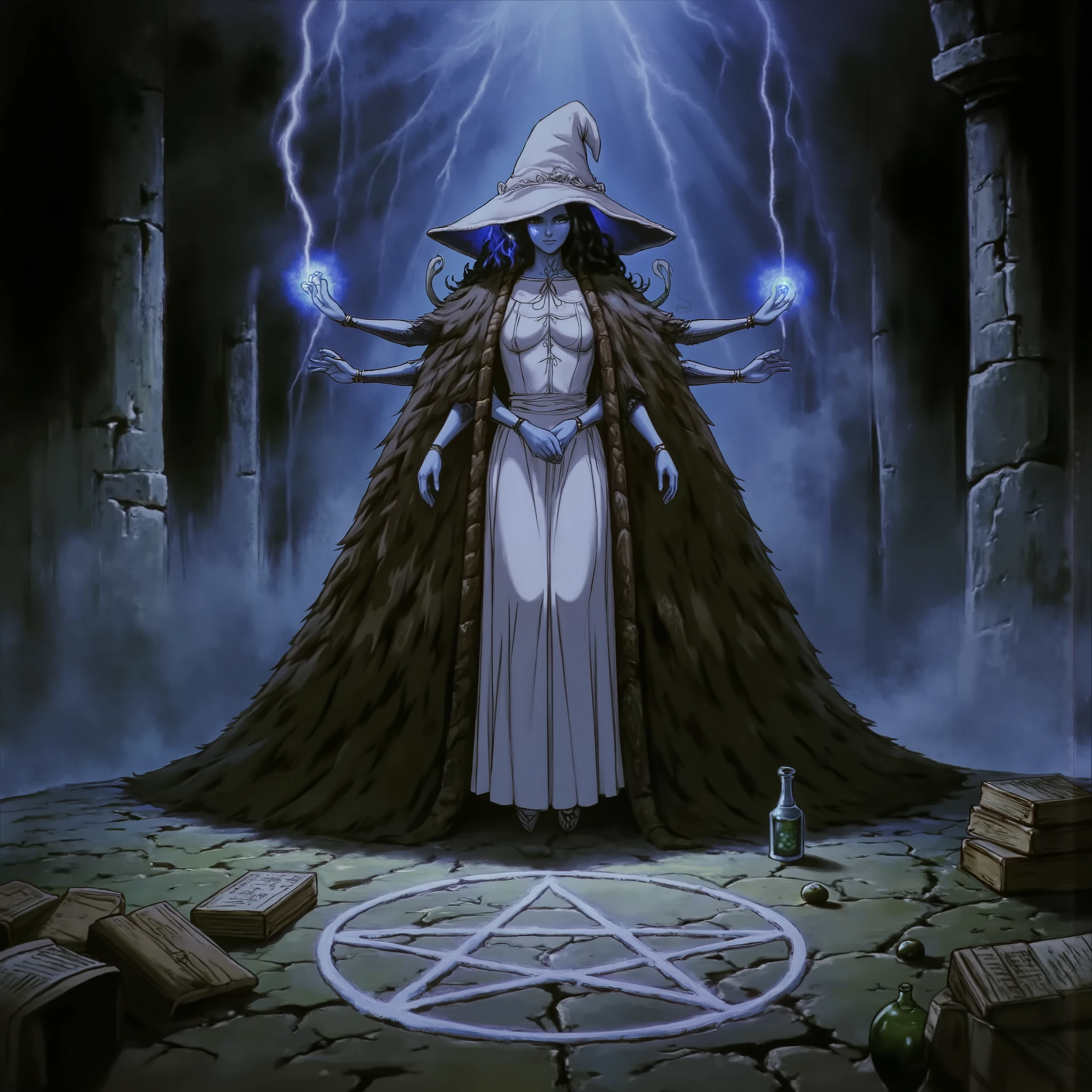b3rs3rk high quality, intricate details, Mystical light, Fog., sexy, beautiful sorceress Ranni, cloaked, extra arms, large hat, casting thunder magic spells, magic circle, hkmagic, tomes in background, magic book, ritual, vials, potion, sultry, mesmerising expression, black magic fantasy crypt, pentagram drawn on the floor with magic runes, magical glow, dark and moody, upper body shot, shafts of light, High Definition HD, High Detail, Perfect Composition, aidmaHyperrealism