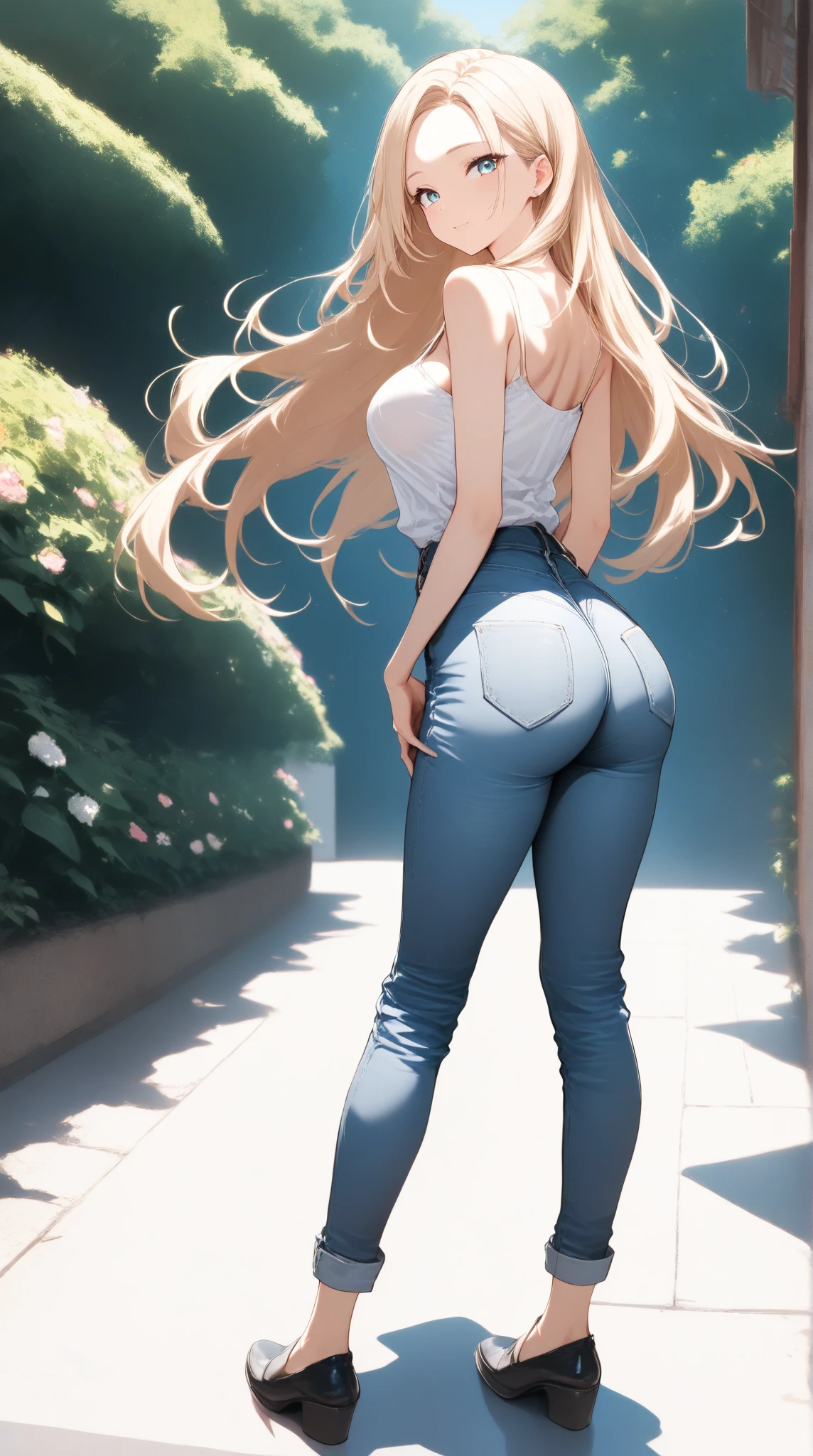 (masterpiece、highest quality、High resolution、realistic pictures、real looking skin:1.1)、(The buttocks are not big:1.8)、 (He is wearing a tight-fitting white T-shirt.:1.5)、(Wearing tight long denim jeans that fit perfectly:1.5)、(wearing high heels:1.5)、(She is facing her back because she is showing her butt, but her face is facing me.:1.5)、 1 Japanese girl、solo、beautiful eyes、shining eyes、provocative look、blonde、medium long hair、university student、The location is downtown、 (The beauty of her legs and buttocks stands out:1.5)、(with the whole body:1.6)、NSFW