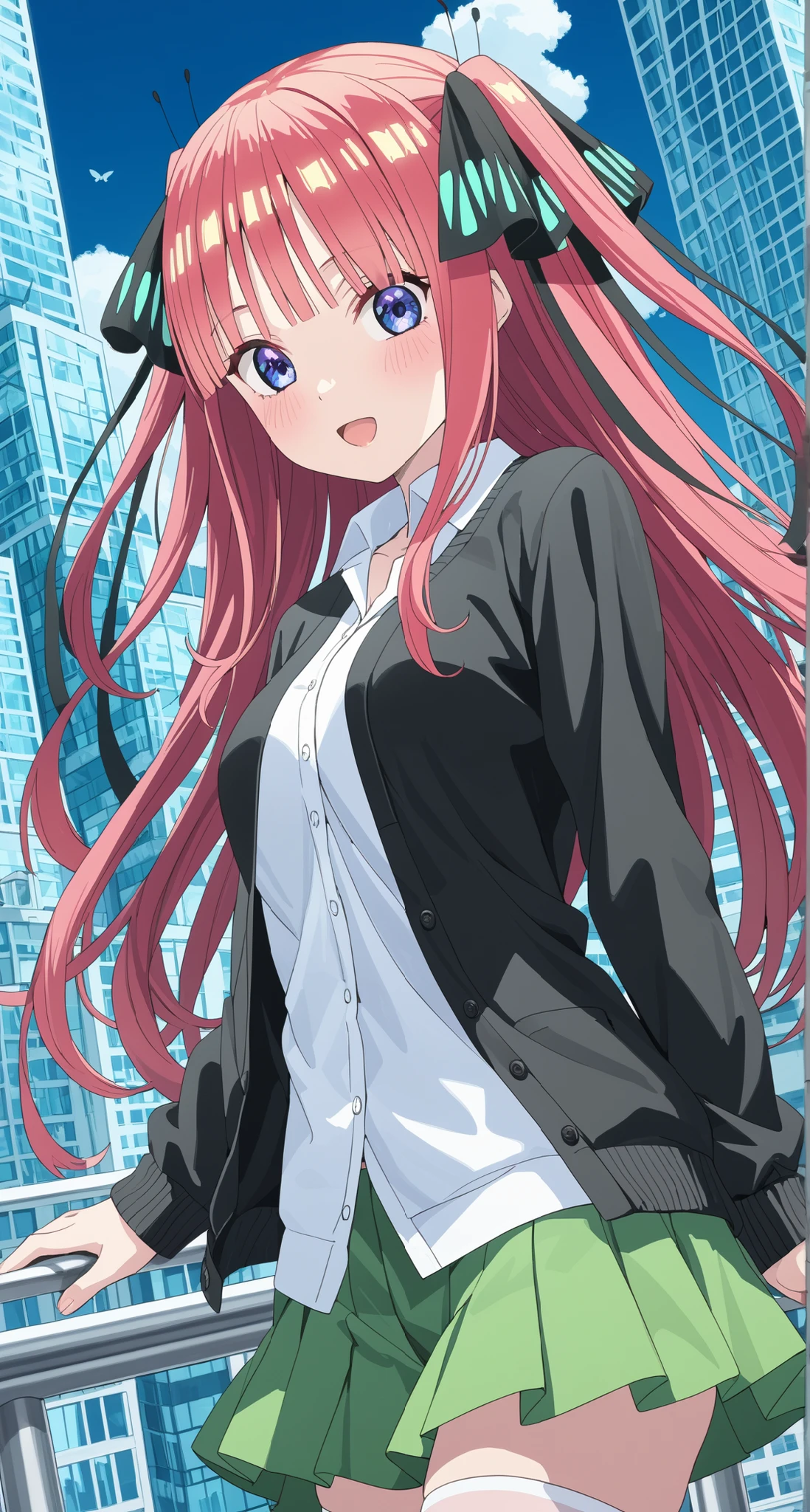 nakano nino,glass cover,side shot,alternate color,masterpiece,detailed illustration,lifelike,{{{Cute 1nakano nino}}},super beauty merging with the machine,elaborate shabby chic pattern,shiny beautiful woman,half of my body is made of machine,transparent glass body,the machine inside is transparent,cinematic lighting,dynamic angle,dynamic pose,city,depth of field,showing your voluptous body,looking at viewer,long hair,pink hair,shiny hair,hime cut,twintails,two side up,hair ribbon,butterfly hair ornament,blue eyes,blush,medium breasts,school uniform,white blouse,black cardigan,open cardigan,green skirt,pleated skirt,white thighhighs,zettai ryouiki,open mouth