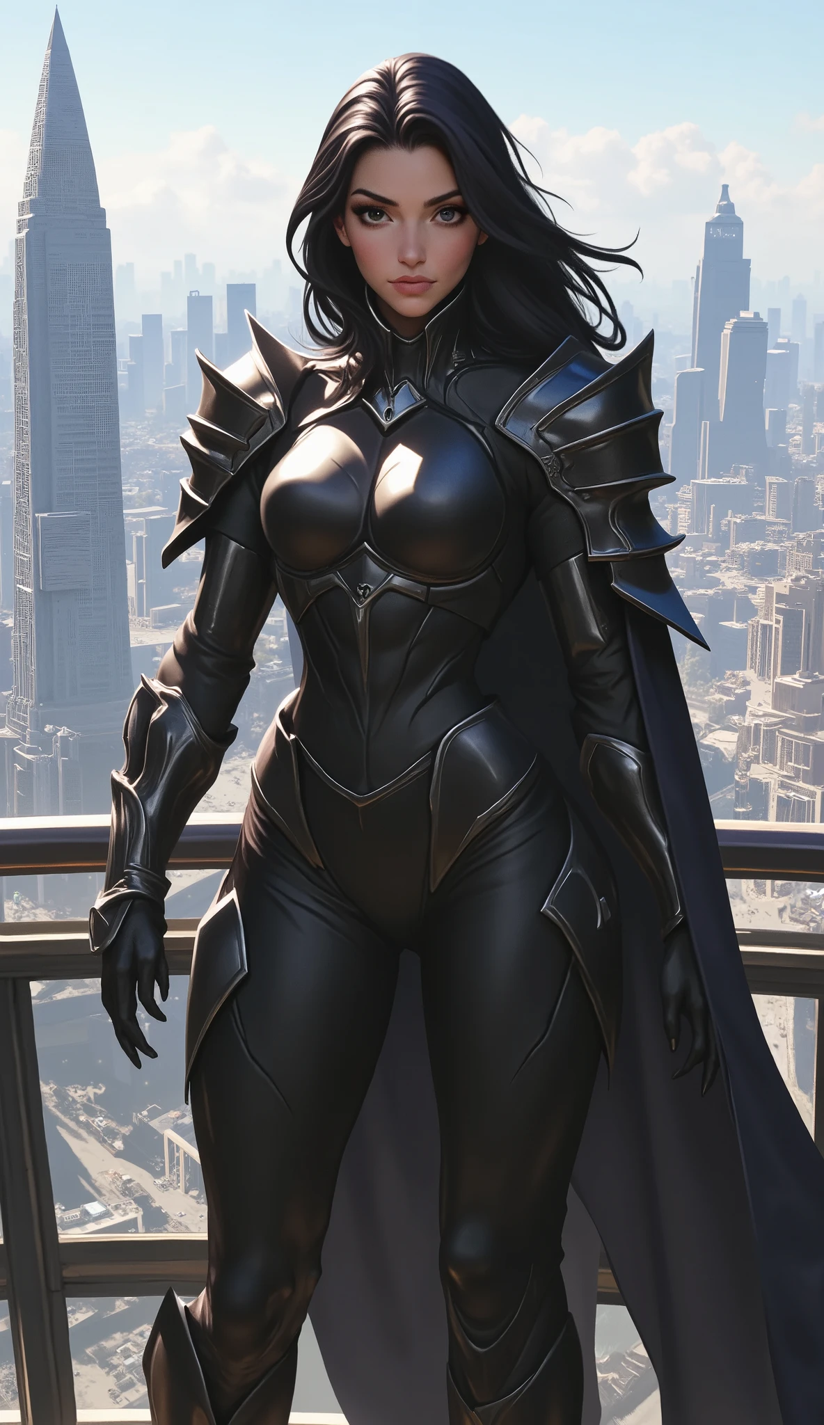 Darius ( personagem de league of legends ) Woman version, on the terrace of a building , with a view of the city .