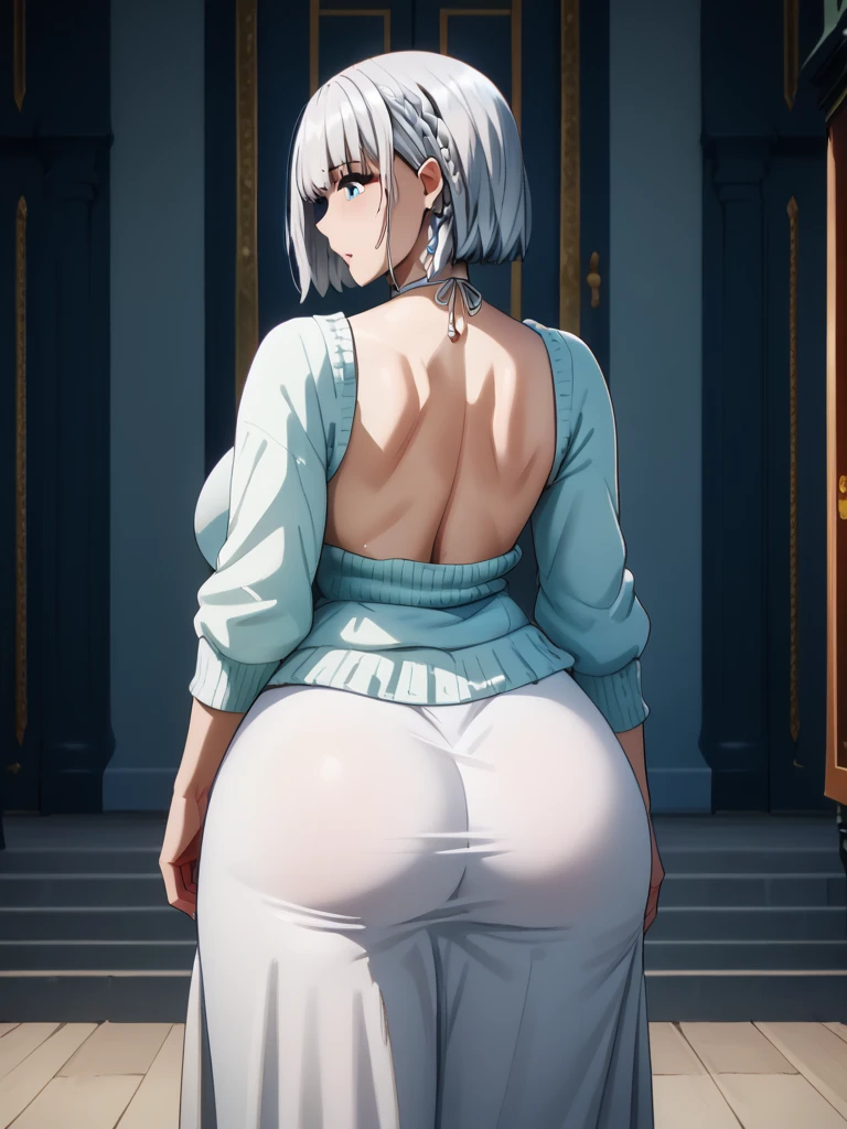 "Woman with white hair and yellow eyes, in panties from the back looking from the side"