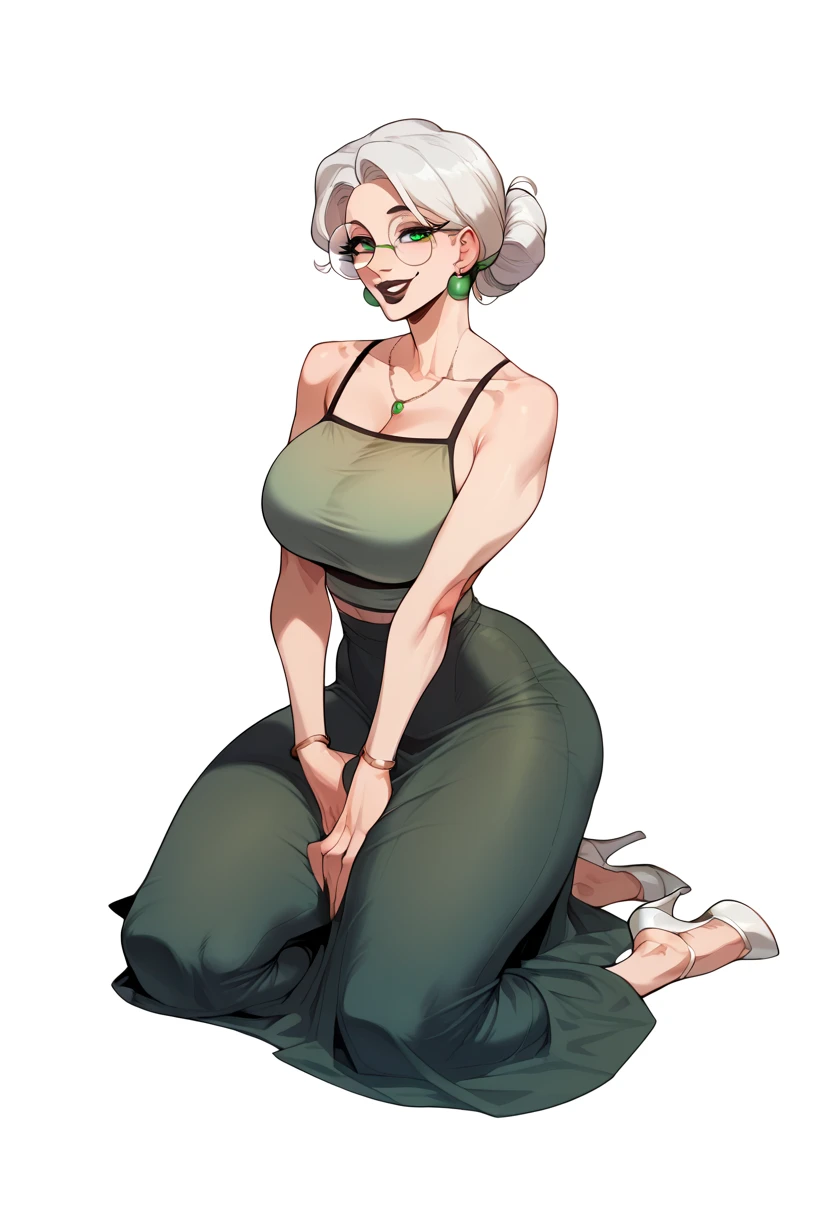 a robot MILF (in her 40s) stares blankly at you in your living room of your house. she has white hair with green eyes. You see her robotic parts but she is also wearing a dress.