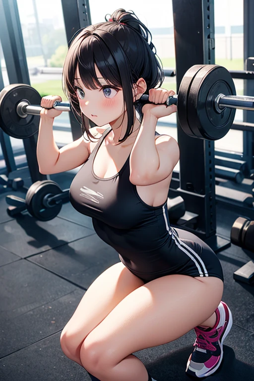 anime girl in tight black high-leg leotard posing on a platform, most strongest pose, thicc, working out, beautiful anime girl squatting, strong pose, sweaty belly, seductive anime girl, at the gym, in a gym, thighs!!!, thighs focus, sweaty skin!!, thighs!!!!!!, fit girl