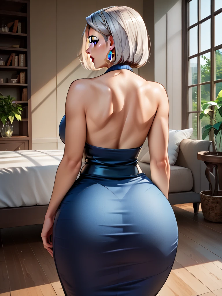 Perfect body. Perfect face. Perfect skin. Slut milf in rubber dress. Short hair. Big butt Happy.
