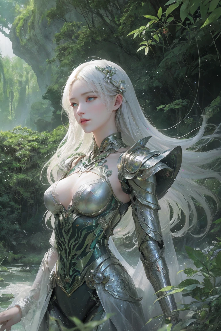 Masterpiece, best quality, 8K, high res, ultra-detailed, A scene of a waterfall cascading down a high cliff amongst lush greenery, adorned by vibrant flowers, towering pines, and delicate bamboo groves,no humans, sakura, beautiful view, ultra-detailed, fine detailed, highly detailed, intricate, highly detailed, ultra-detailed, scenery,no humans, lush green mountains, winding rivers, misty atmosphere, solitary, intricate details, delicate features, verdant trees, blooming flowers, druid's circle, soft moss, deep forest, intricate leaves and vines, wisps of light, still pool of water, pristine, verdant green, A picturesque scene of a waterfall cascading down a high cliff amongst lush greenery, adorned by vibrant flowers, towering pines, and delicate bamboo groves.a close up of a robot with a red eye and a sword, movie still of a villain cyborg, inspired by Raymond Swanland, wearing witchblade armor, movie still of a alien cyborg, style of raymond swanland, crysis nanosuit, intricate assasin mecha armor, face of an armored villian, movie still of a cool cyborg