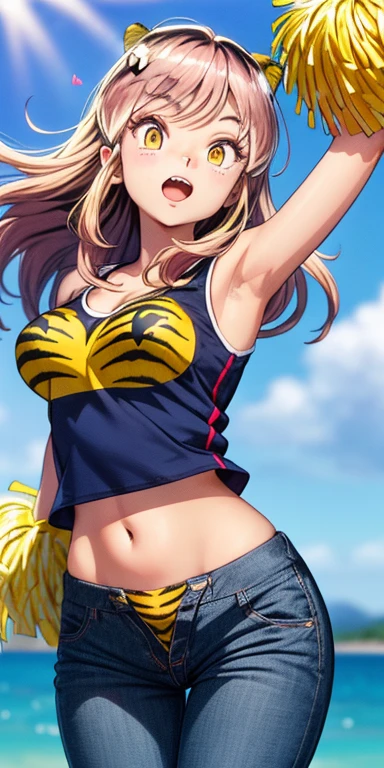 ram invader, detailed breasts,open your mouth wide and stick out your tongue、Drool、 anime dick, (tiger print cheerleader: 1.2), leg high kick、(white panties:1.4),muste piece, best quality, open mouth, tooth, ultra-detailed breasts, Yellow eyes, cute eyes, detailed face, a cute girl, big chest, red face, (wet with water: 1.2), Generally poor breasts, areola slip, (Position where panties are visible:1.5), (beautiful breasts: 1.2), (with a bright light source: 1.2), (heart shaped pupils opening their clothes: 1.5)