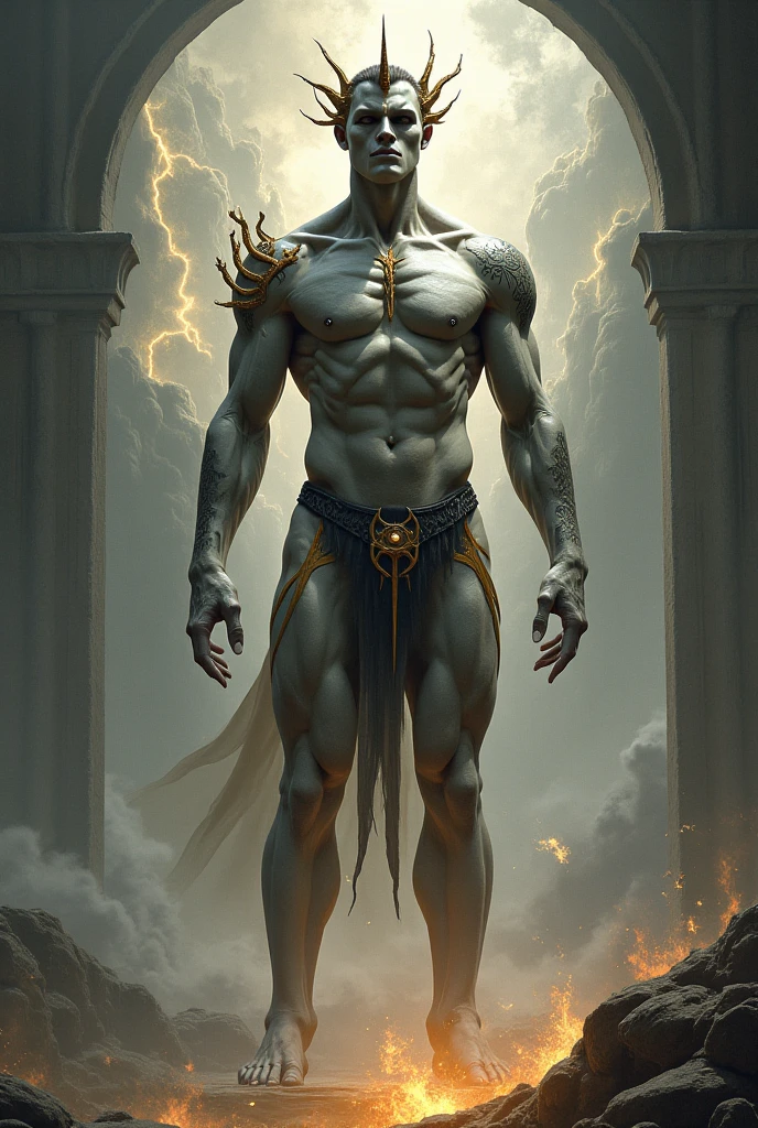 a close-up of the statue of the Greek god Prometheus, dark and evil scene, darkness and few lights