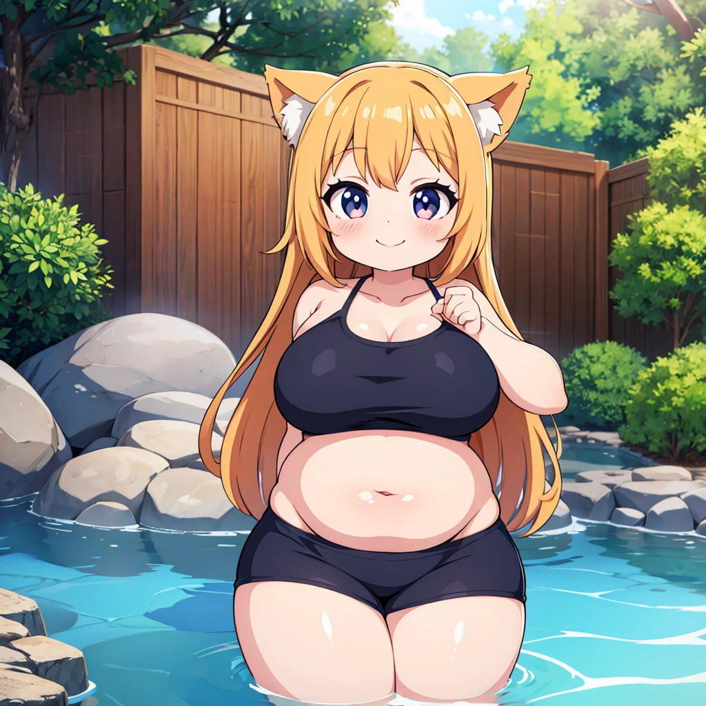 masterpiece, best quality, high quality, beautiful anime character, solo, anime girl with brown hair, soft hair, long hair, blue eyes, cat ears, slightly big breasts, mature female, tall female, big girl, thick, (calming face, light smile, loving eyes), outdoors, (pool swimsuit), cat tail,