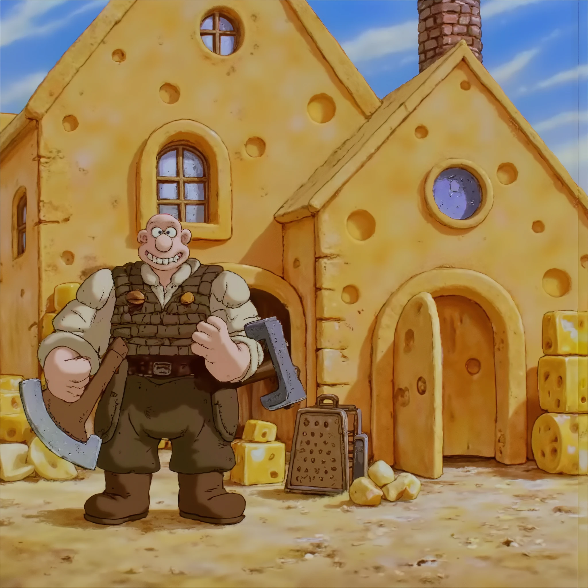 b3rs3rk WGWallace in front of a house made of cheese.