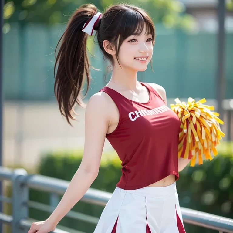 （8k、live-action、Raw photo、highest quality、masterpiece：1.2),(Outdoors),((Perfect lighting)),(Wet hair),Watching the audience,Sexy pose, cute smile,18-year-old,student,White skin,knees,Small Face,Part the front hair from the center、The forehead is visible,skinny,skinny)、masterpiece,highest quality、超A high resolution,one person, solo,Close-up shot、cute、Back to Students,(Red cheerleader outfit:1.3),High school girl,Japanese women,（Photoreal：1.37）、Photon Mapping,Realistic、cuteSmall Face,Brown eyes、prospect、Depth of written boundary、Blurred Background、Real,(I can see the front hair), hair, I can see the knees, thigh,(Nogizaka Idol), actress、Big and ample breasts、Cleavage、Super fine、Low people、(Skin with visible pores:1.2)、(Focus on the face)、8 heads、Natural neck、Check and correct the skeleton, (large breasts:1.8), (Slim body:1.3),(hide fingers),