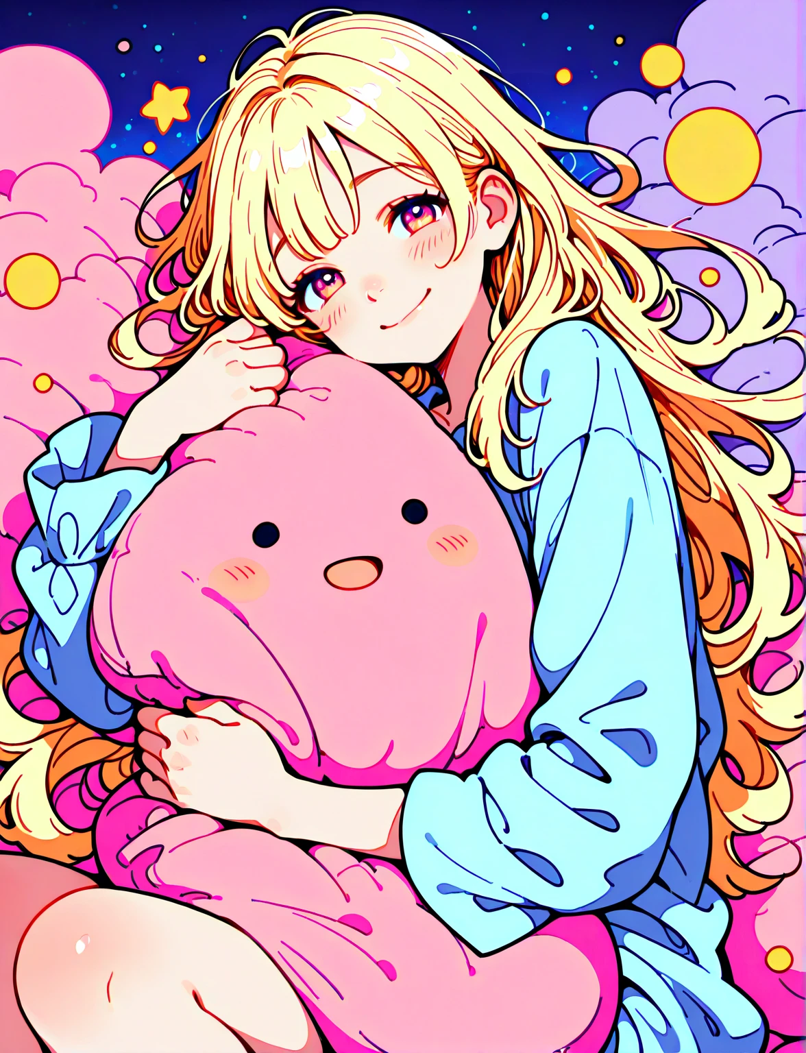 (masterpiece:1.3), (best quality:1.3), (ultra-detailed:1.2), (highly detailed skin:1.2), (finely detailed face:1.1), (realistic shading:1.1), detailed hands:1.1;detailed background; chibi:1.2, 1girl:1.1, solo, lying, facing_viewer; very_long_hair:1.2, hair_gradient:1.2, blonde_hair, pink_tips, long_hair, bangs; closed_eyes:1.1, closed_mouth, smile, blush, happy; blue_dress:1.1, dress, striped, vertical_stripes, striped_shirt:1.1, blue_shirt, shirt, long_sleeves, sleeves_past_wrists, pajamas; holding:0.9 _ BREAK _ pastel_colors:1.2, soft_light:1.1, ambient_glow, dreamy_background:1.2, starry_sky:1.2, sparkles, light_particles, cloudy_fog, soft_focus, whimsical_lighting, cute doodle