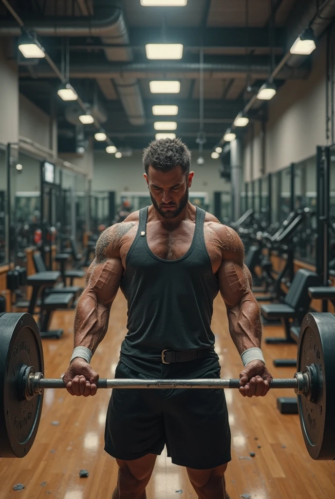 肌肉男, training arms, de short, I would like the background of the image to be darker and the entire image to have a more realistic look.
